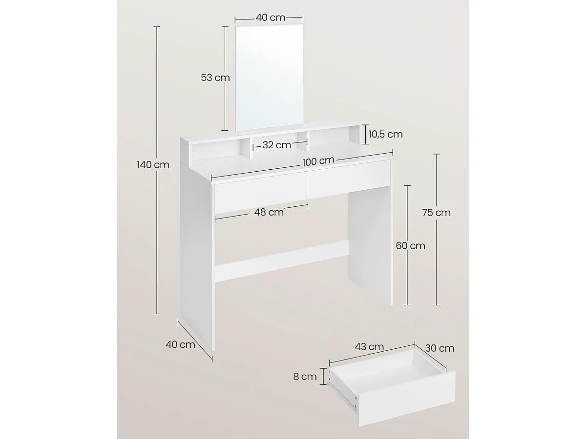 Bobble Home - Coiffeuse avec miroir rectangulaire - Avec 2 tiroirs et 3 compartiments ouverts - Blanc
