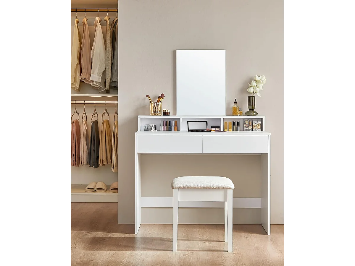 Bobble Home - Coiffeuse avec miroir rectangulaire - Avec 2 tiroirs et 3 compartiments ouverts - Blanc