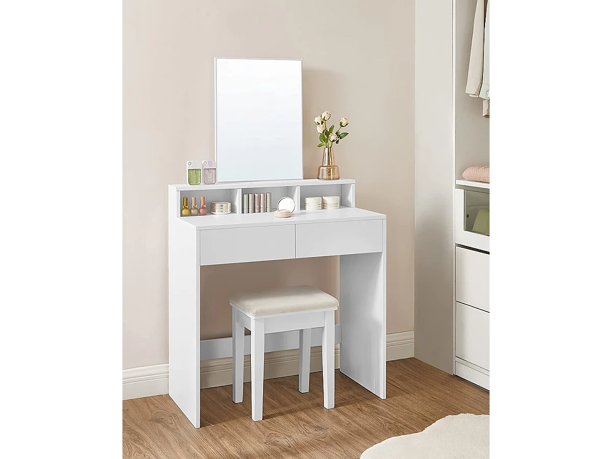 Bobble Home - Coiffeuse avec miroir rectangulaire - Avec 2 tiroirs et 3 compartiments ouverts - Blanc