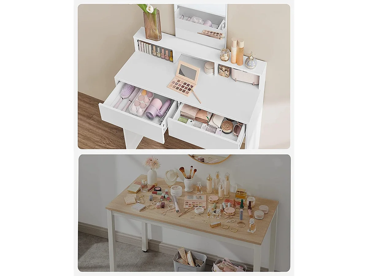 Bobble Home - Coiffeuse avec miroir rectangulaire - Avec 2 tiroirs et 3 compartiments ouverts - Blanc