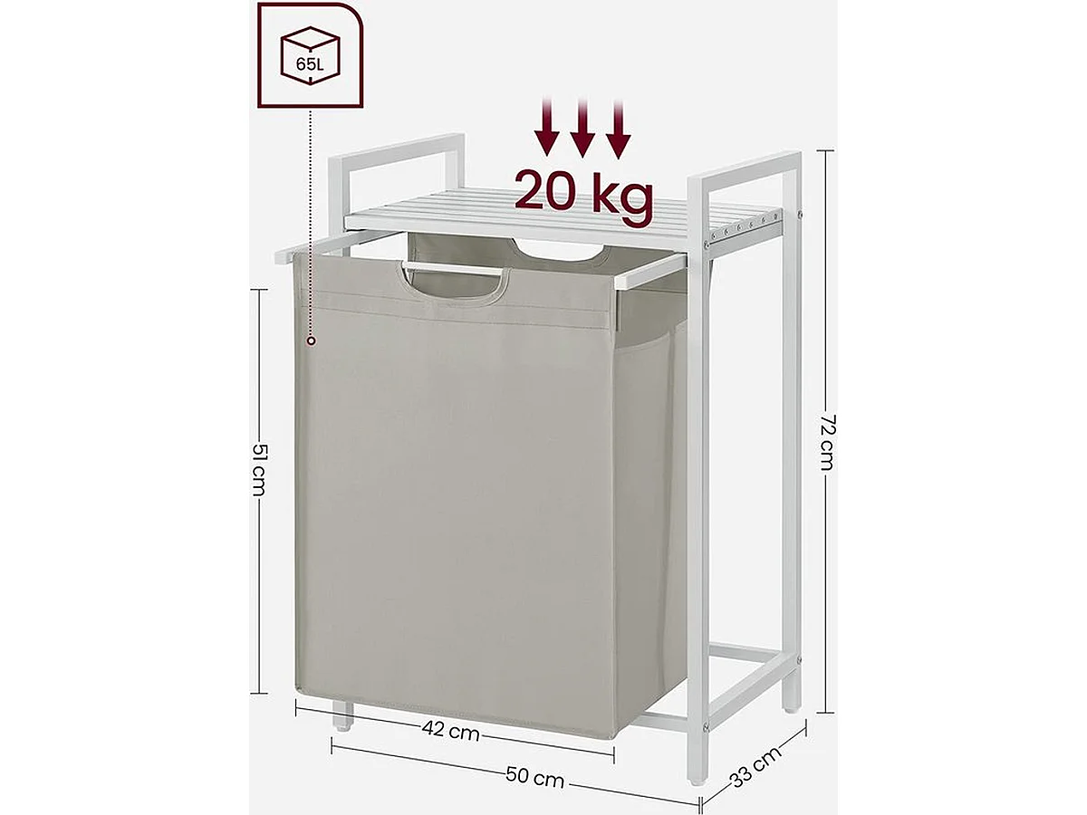 Wasmand, wasemmer met plank, verwijderbaar, metalen frame, 65 l, 50 x 33 x 72 cm, wit