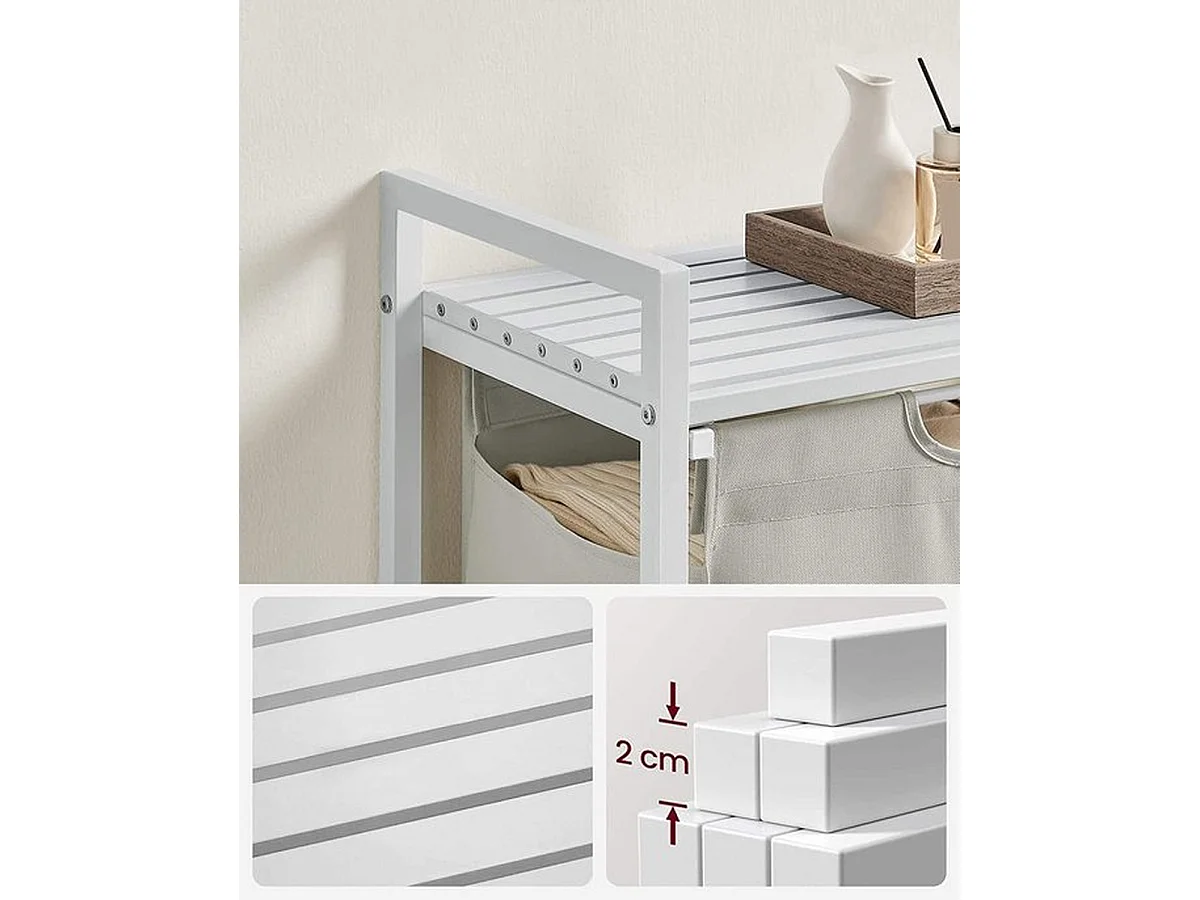 Panier à linge, seau à linge avec étagère, amovible, cadre métallique, 65 l, 50 x 33 x 72 cm, blanc