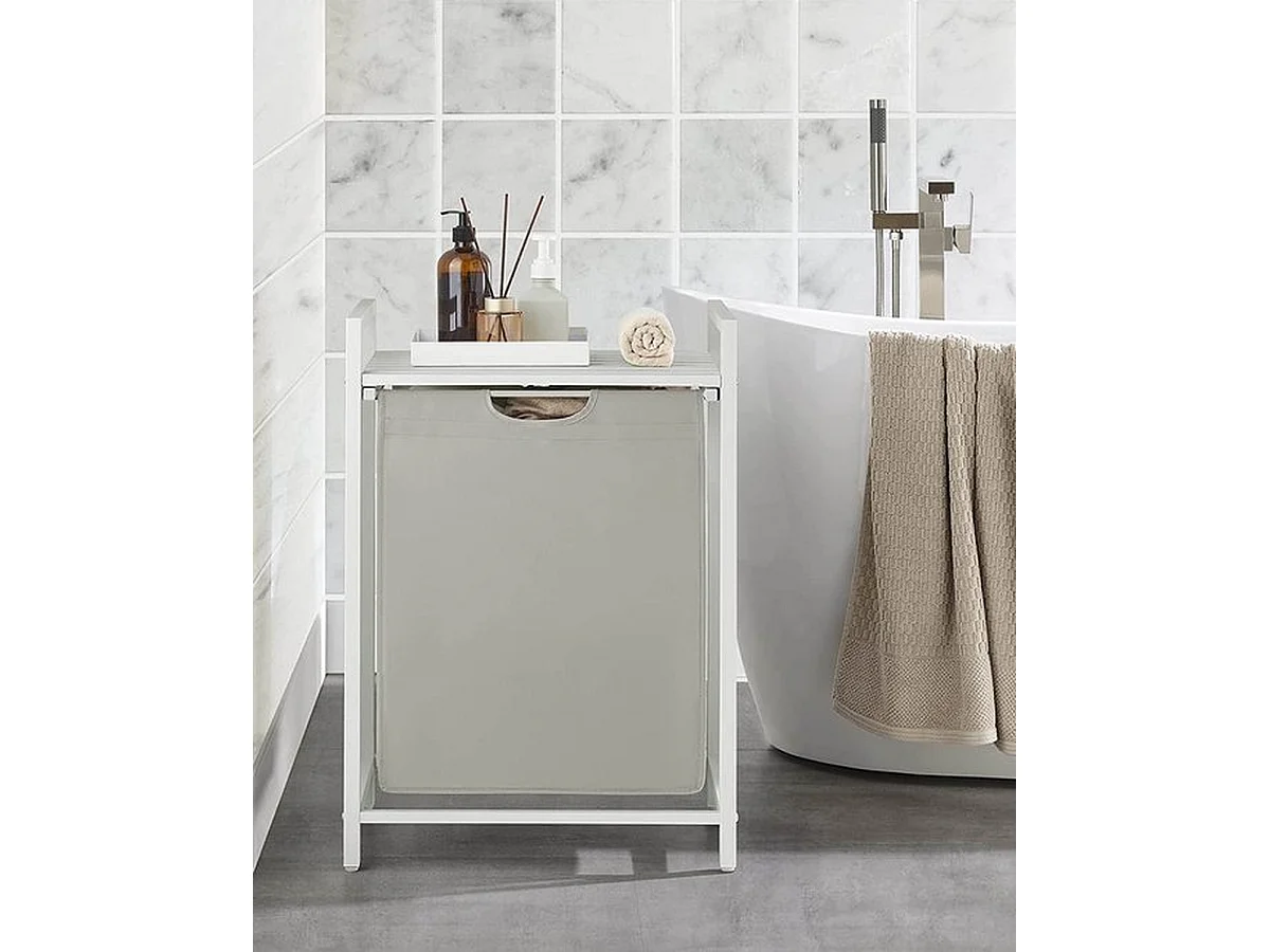 Panier à linge, seau à linge avec étagère, amovible, cadre métallique, 65 l, 50 x 33 x 72 cm, blanc