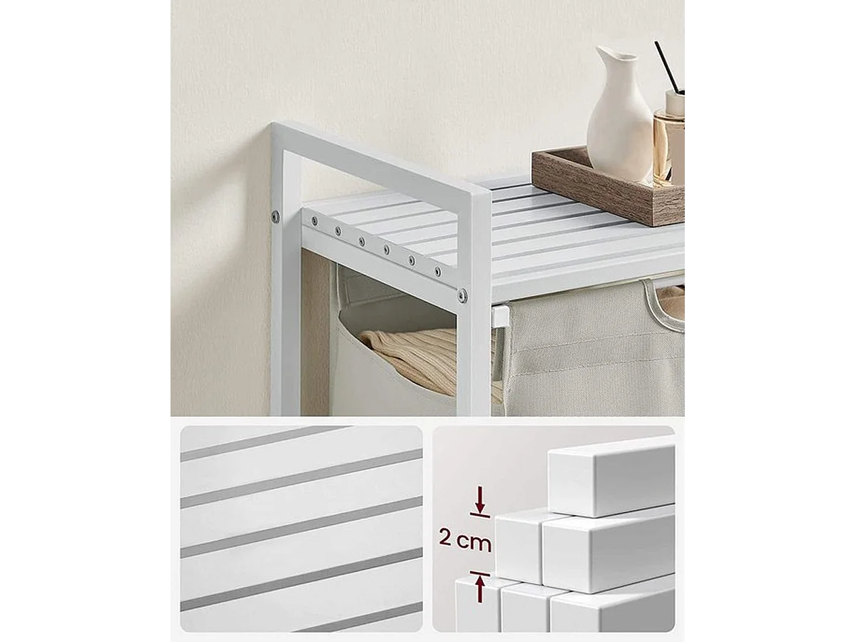 Panier à linge, seau à linge avec étagère, amovible, cadre métallique, 65 l, 50 x 33 x 72 cm, blanc