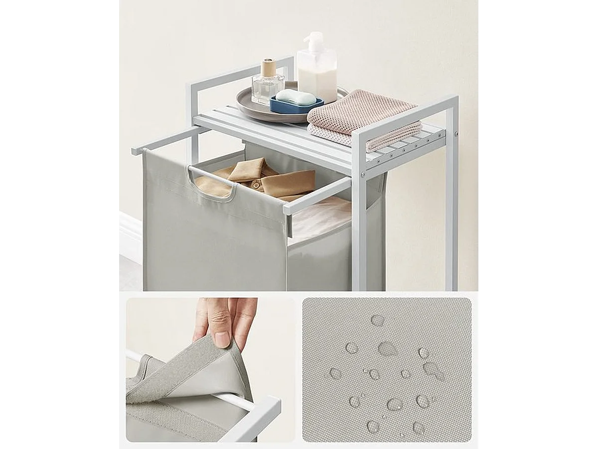 Panier à linge, seau à linge avec étagère, amovible, cadre métallique, 65 l, 50 x 33 x 72 cm, blanc