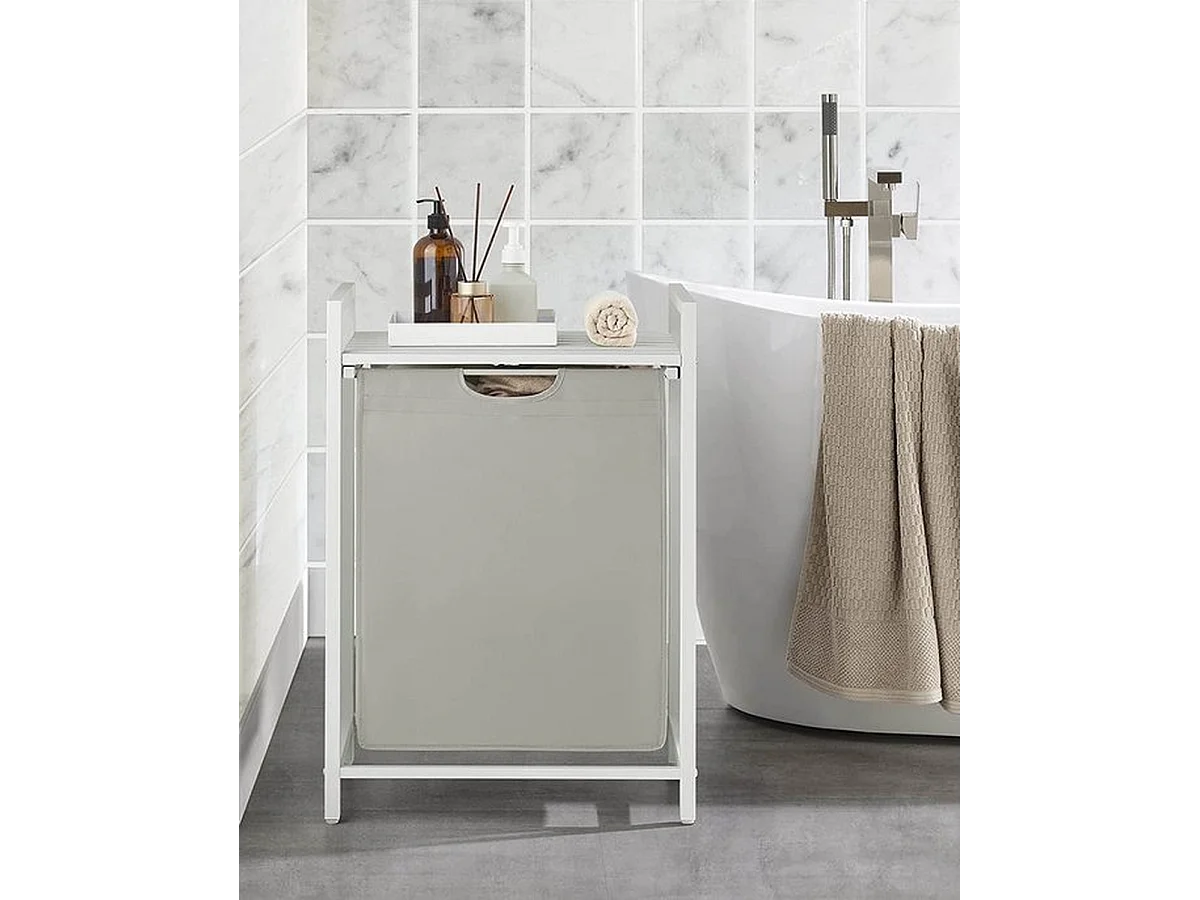 Panier à linge, seau à linge avec étagère, amovible, cadre métallique, 65 l, 50 x 33 x 72 cm, blanc