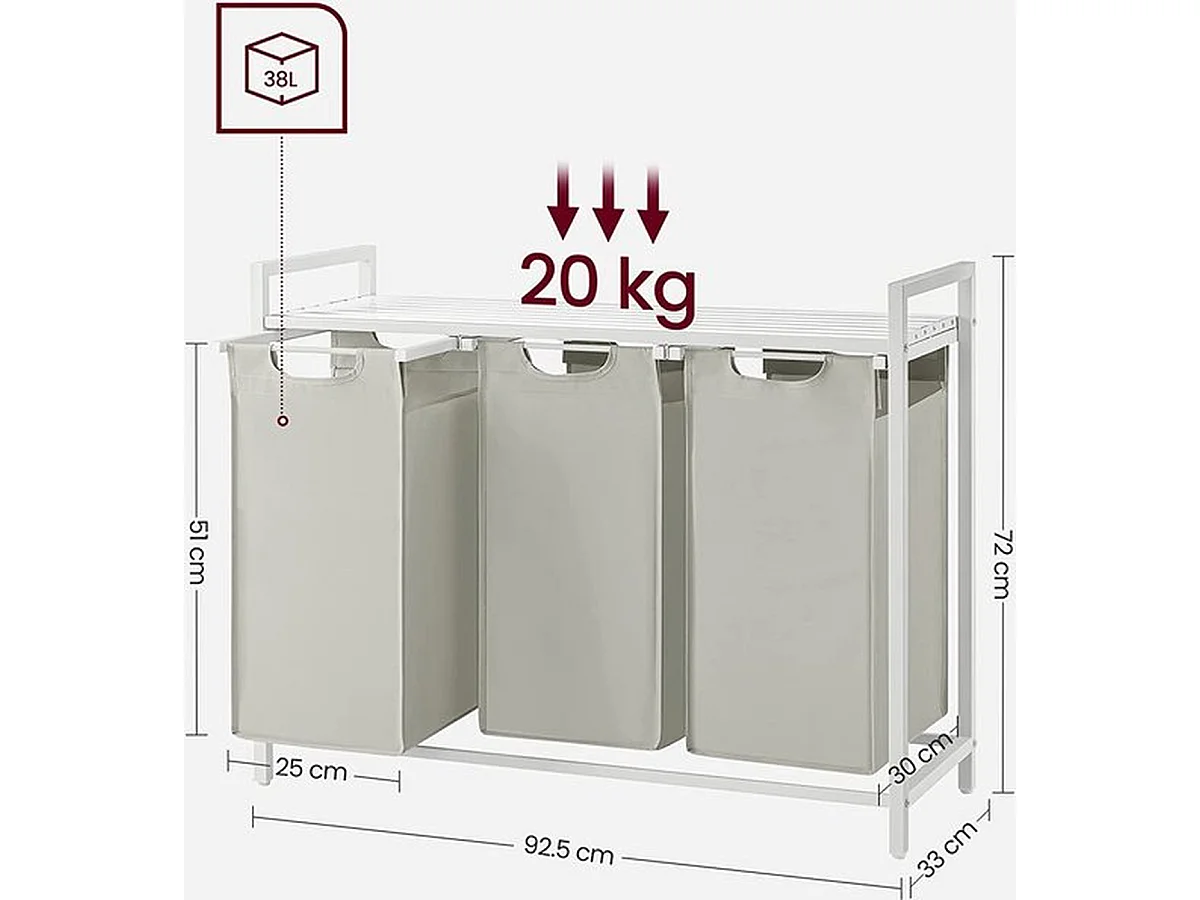 Wasmand Met 3 Vakken, Uittrekbaar Wassorteerder, Afneembaar Waszak, 3 X 38L, 92,5 X 33 X 72 Cm, Wit