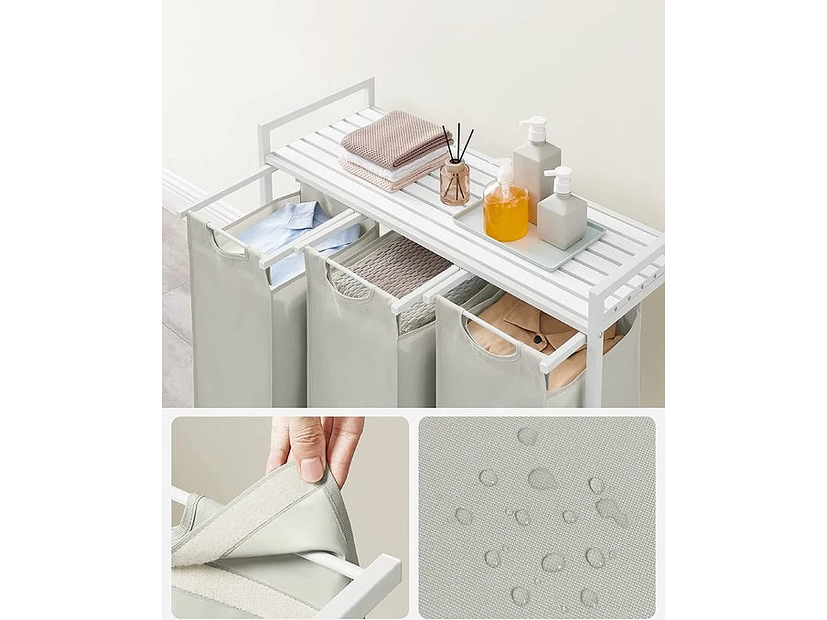 Wasmand Met 3 Vakken, Uittrekbaar Wassorteerder, Afneembaar Waszak, 3 X 38L, 92,5 X 33 X 72 Cm, Wit