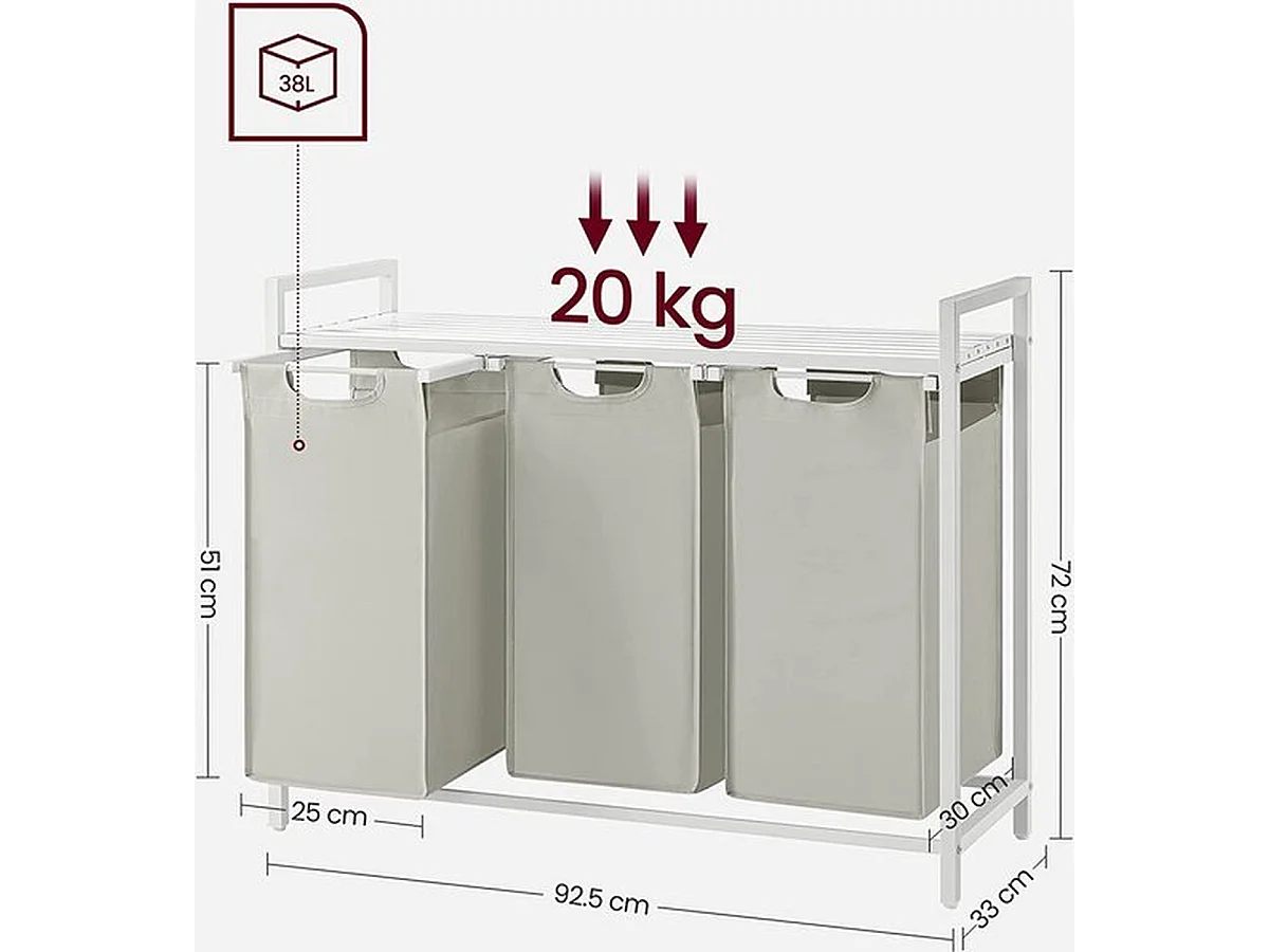 Wasmand Met 3 Vakken, Uittrekbaar Wassorteerder, Afneembaar Waszak, 3 X 38L, 92,5 X 33 X 72 Cm, Wit