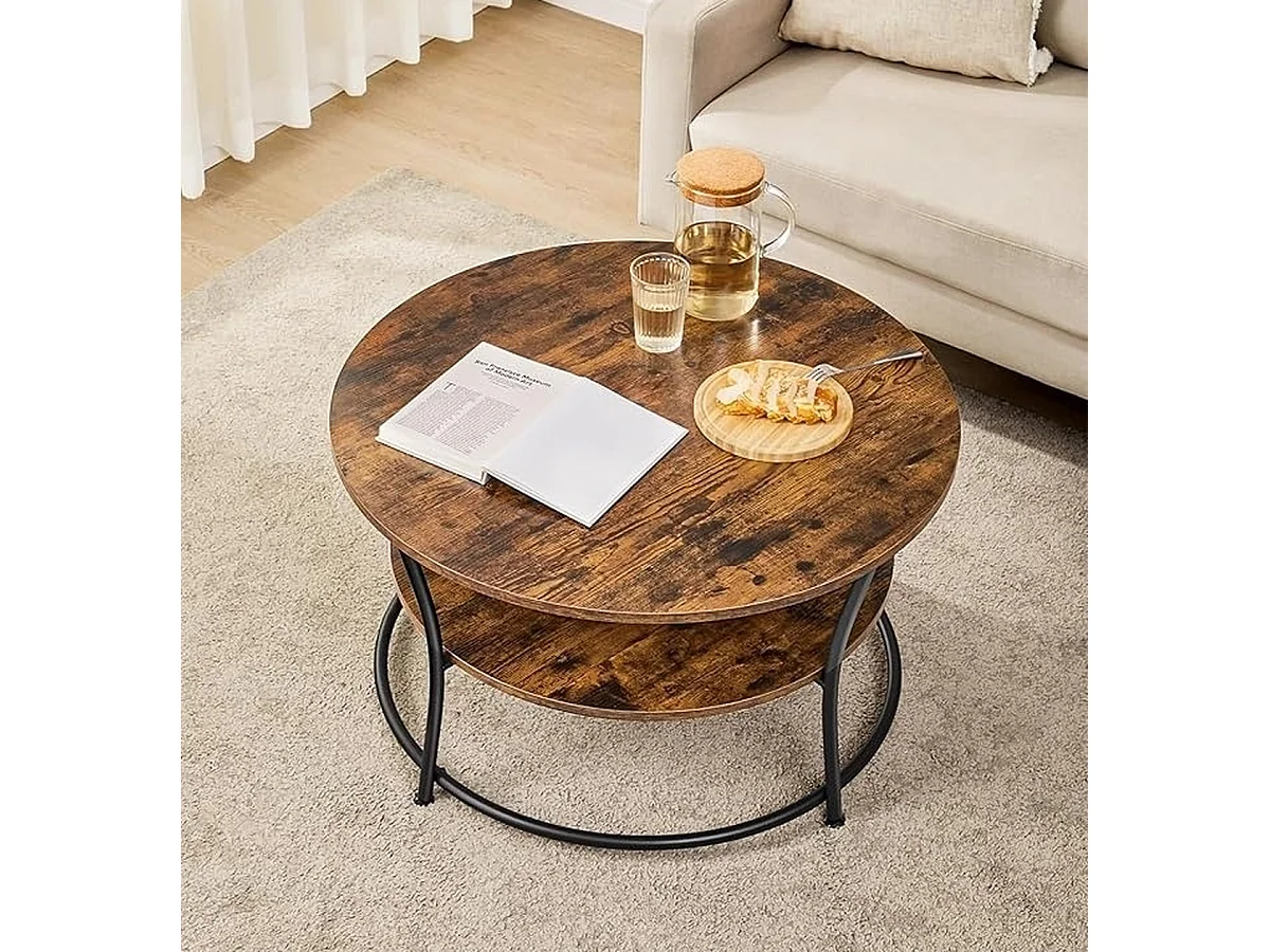 Parya Home Salontafel rond, Woonkamertafel, Sofatafel met plank, 80 x 45 cm, vintage bruin-zwart