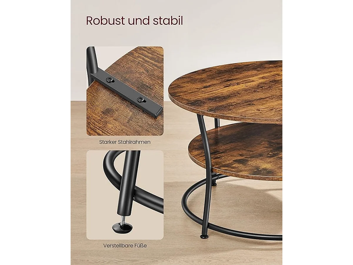 Parya Home Salontafel rond, Woonkamertafel, Sofatafel met plank, 80 x 45 cm, vintage bruin-zwart