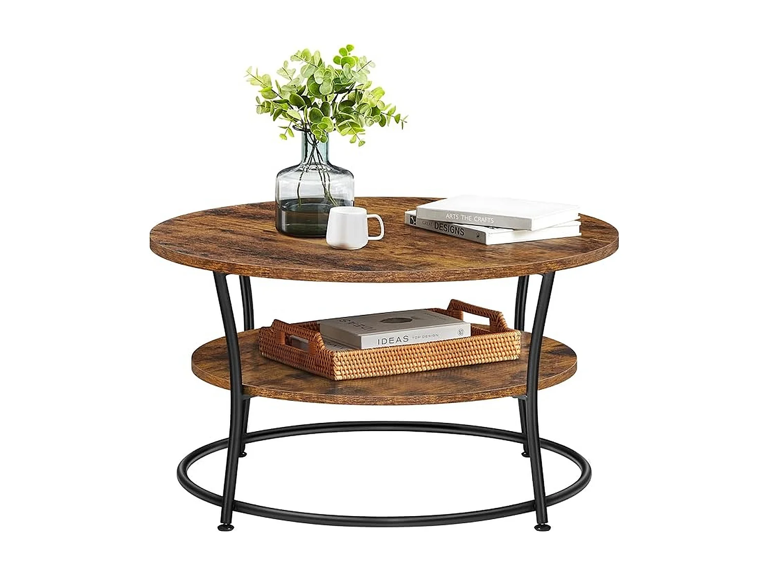 Parya Home Table basse ronde, Table de salon, Table de canapé avec étagère, 80 x 45 cm, vintage brun-noir