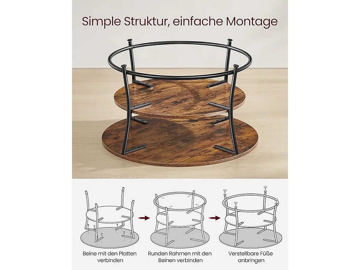 Parya Home Table basse ronde, Table de salon, Table de canapé avec étagère, 80 x 45 cm, vintage brun-noir