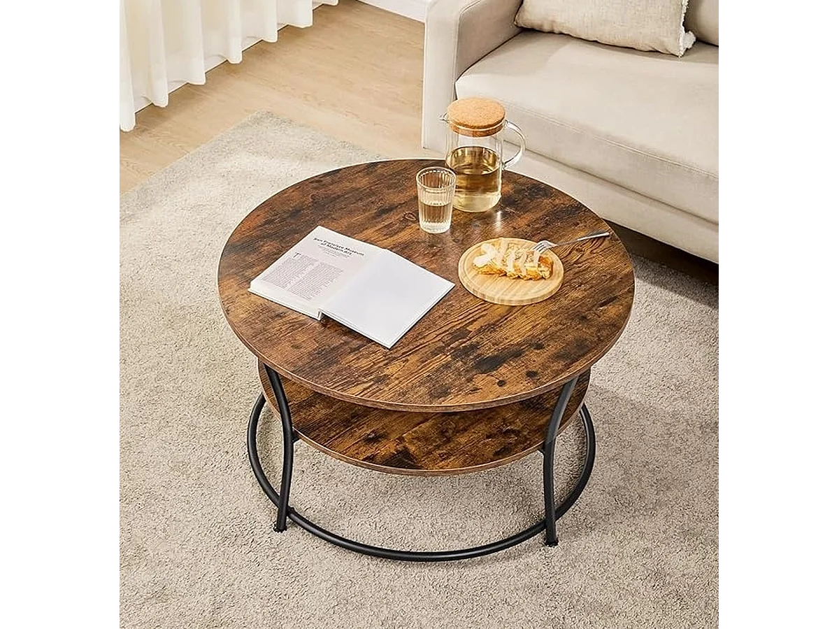 Parya Home Salontafel rond, Woonkamertafel, Sofatafel met plank, 80 x 45 cm, vintage bruin-zwart