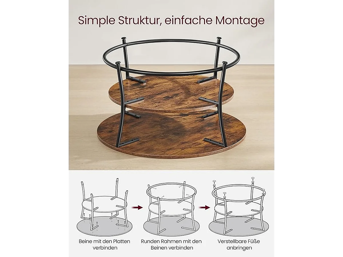 Parya Home Salontafel rond, Woonkamertafel, Sofatafel met plank, 80 x 45 cm, vintage bruin-zwart