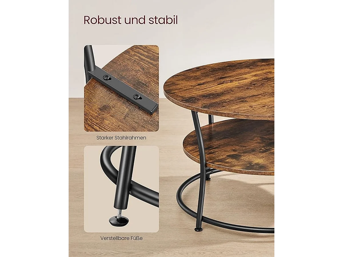 Parya Home Salontafel rond, Woonkamertafel, Sofatafel met plank, 80 x 45 cm, vintage bruin-zwart