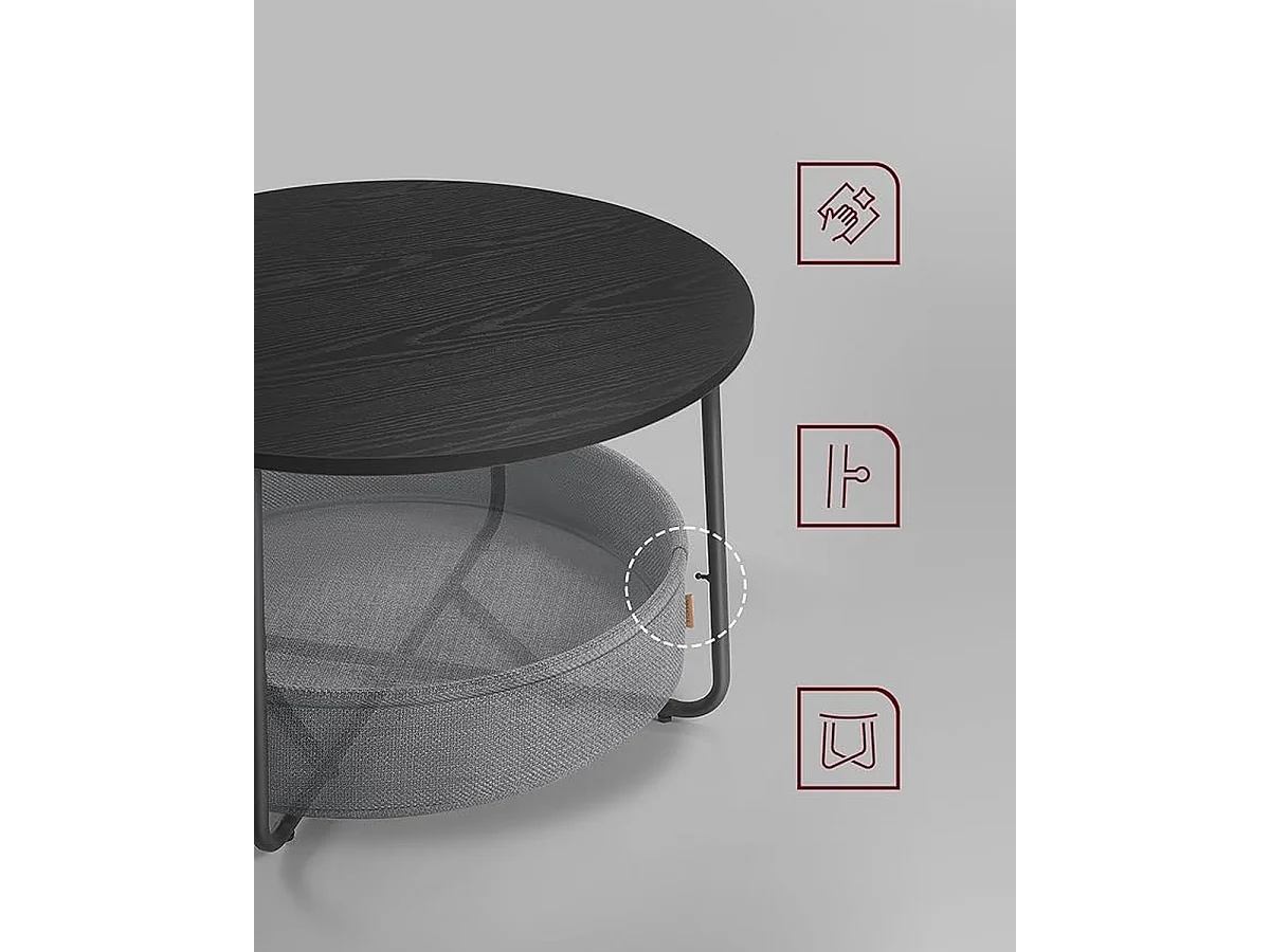 Parya Home ronde salontafel, bijzettafel, woonkamertafel met stoffen mand, modern, Zwart-leigrijs