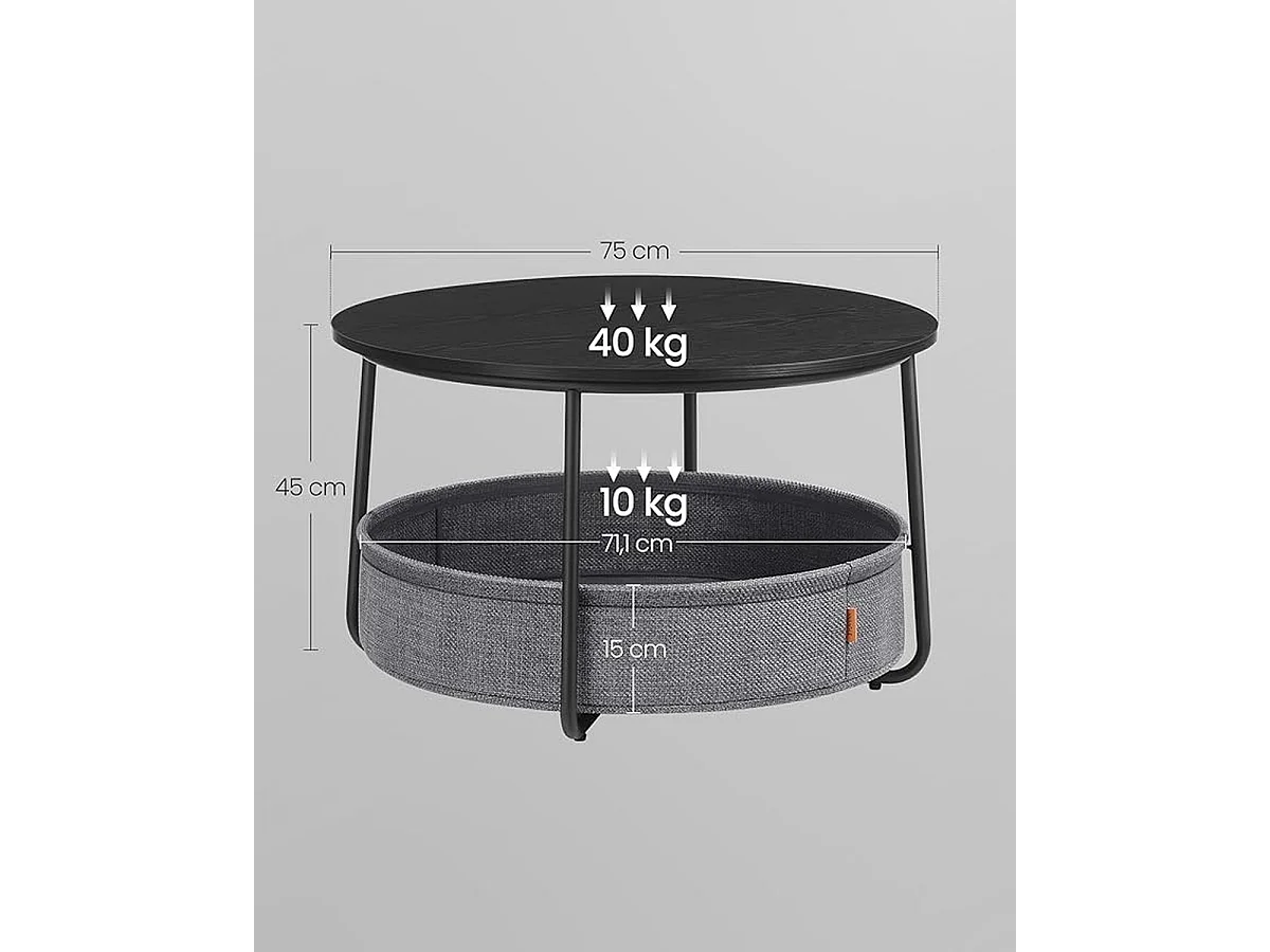 Parya Home ronde salontafel, bijzettafel, woonkamertafel met stoffen mand, modern, Zwart-leigrijs