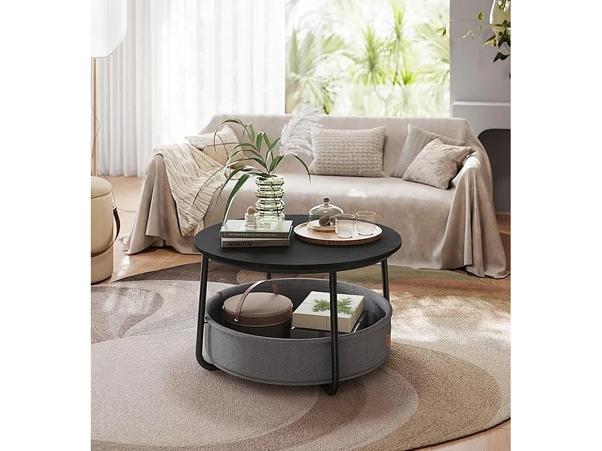 Parya Home table basse ronde, table d'appoint, table de salon avec panier en tissu, moderne, Noir-leige gris