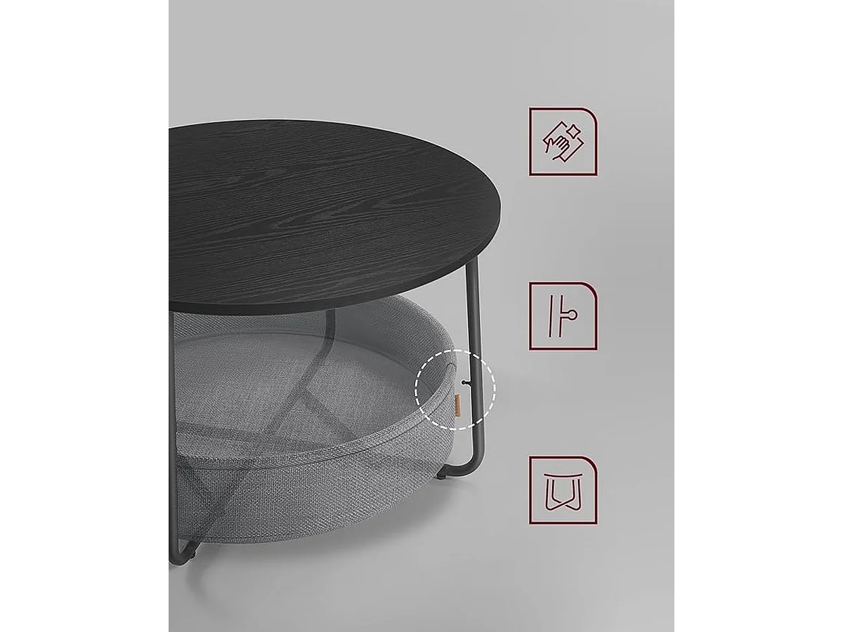 Parya Home table basse ronde, table d'appoint, table de salon avec panier en tissu, moderne, Noir-leige gris