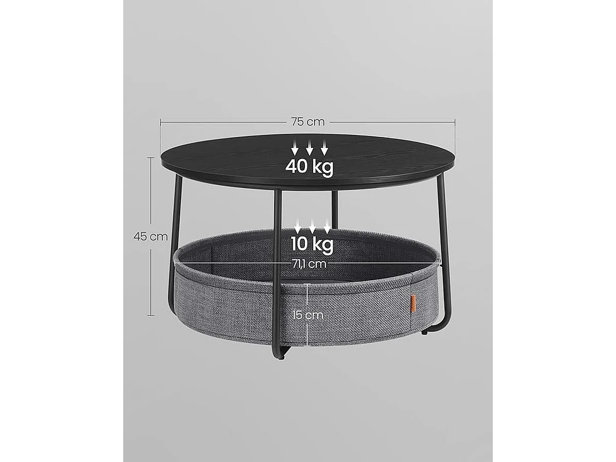 Parya Home table basse ronde, table d'appoint, table de salon avec panier en tissu, moderne, Noir-leige gris