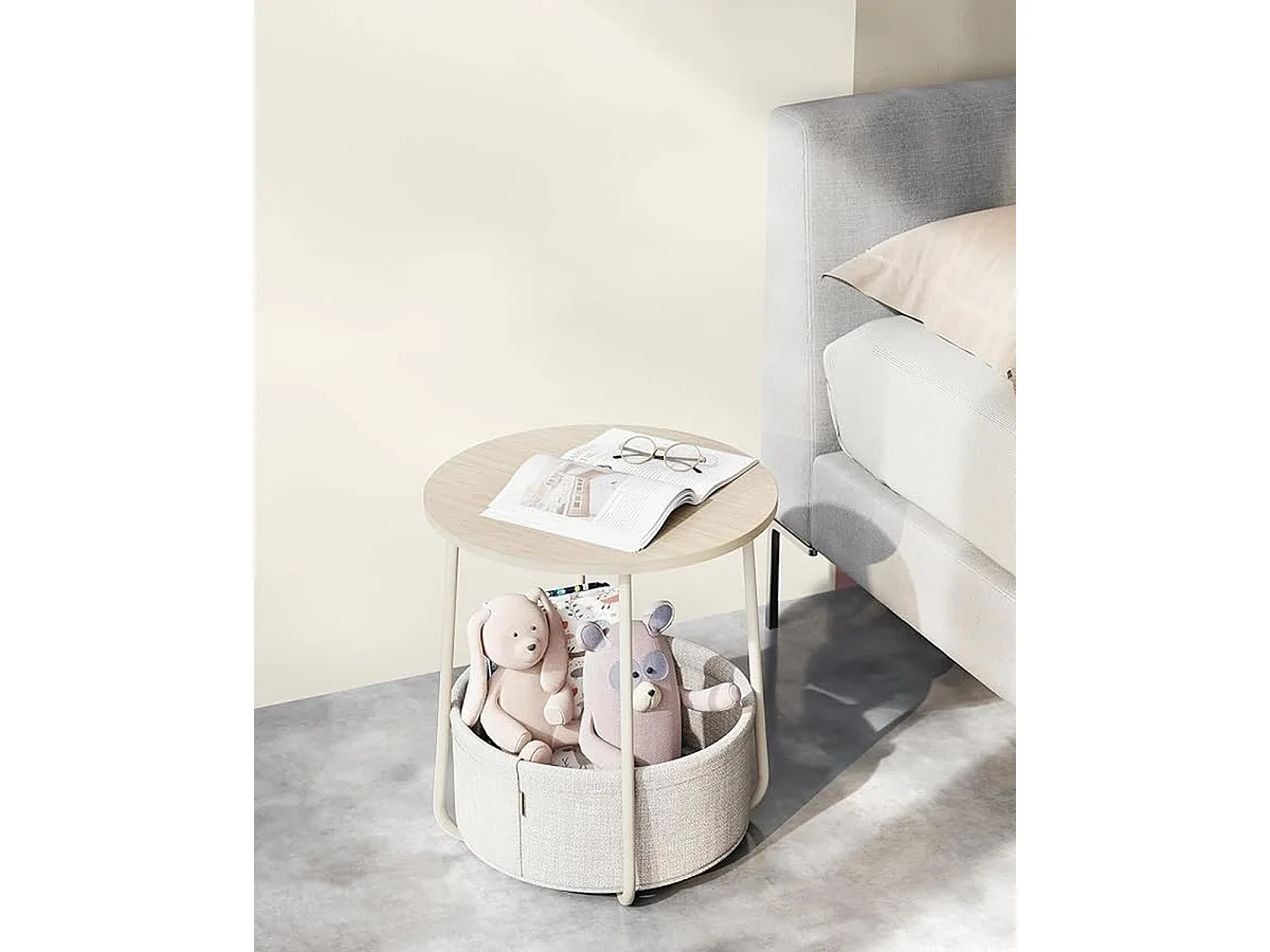 Parya Home Kleine ronde salontafel, bijzettafel met stoffen mand, crème wit