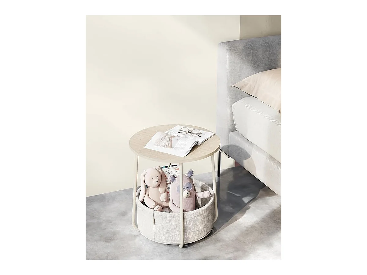 Parya Home Kleine ronde salontafel, bijzettafel met stoffen mand, crème wit