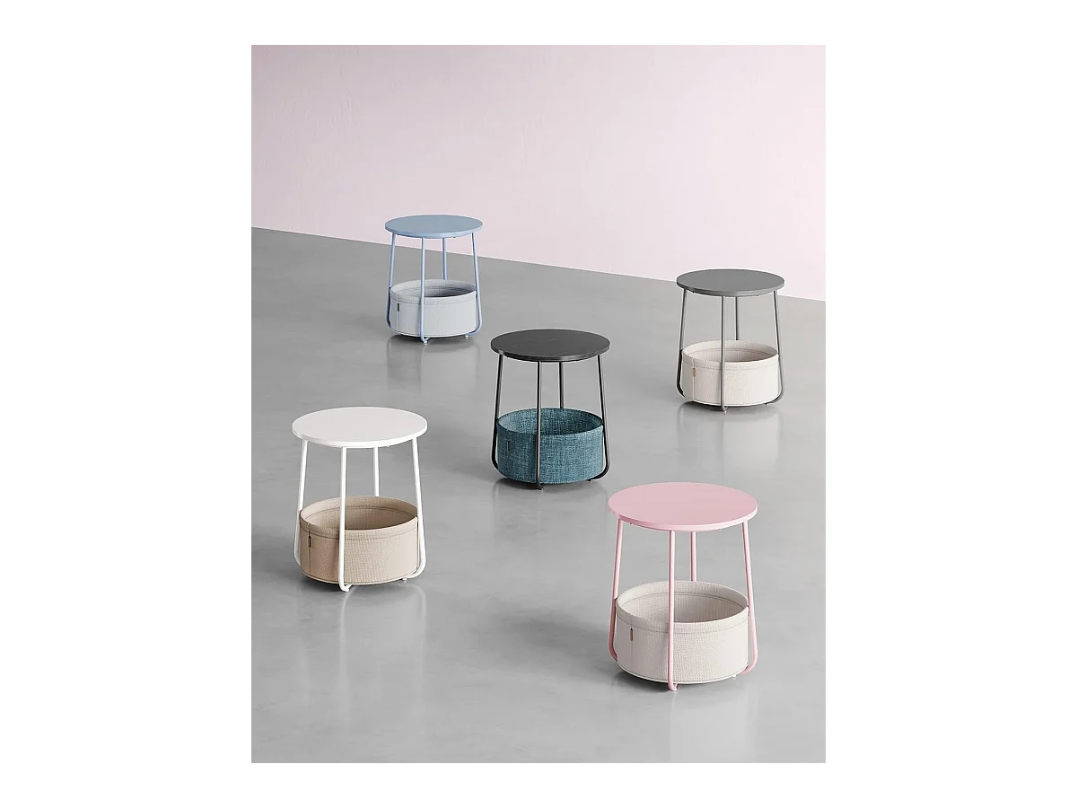 Parya Home Kleine ronde salontafel, bijzettafel met stoffen mand, crème wit