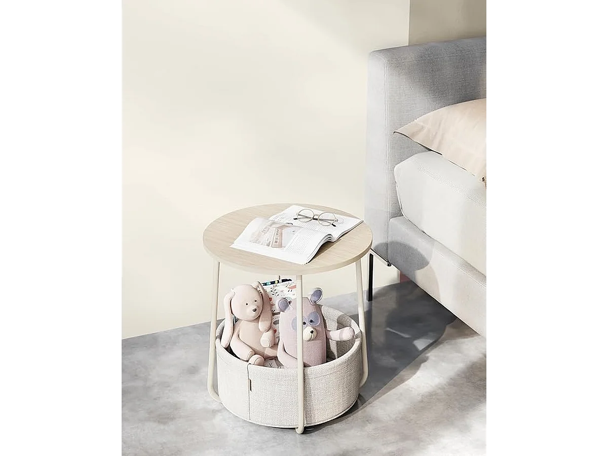 Parya Home Kleine ronde salontafel, bijzettafel met stoffen mand, crème wit