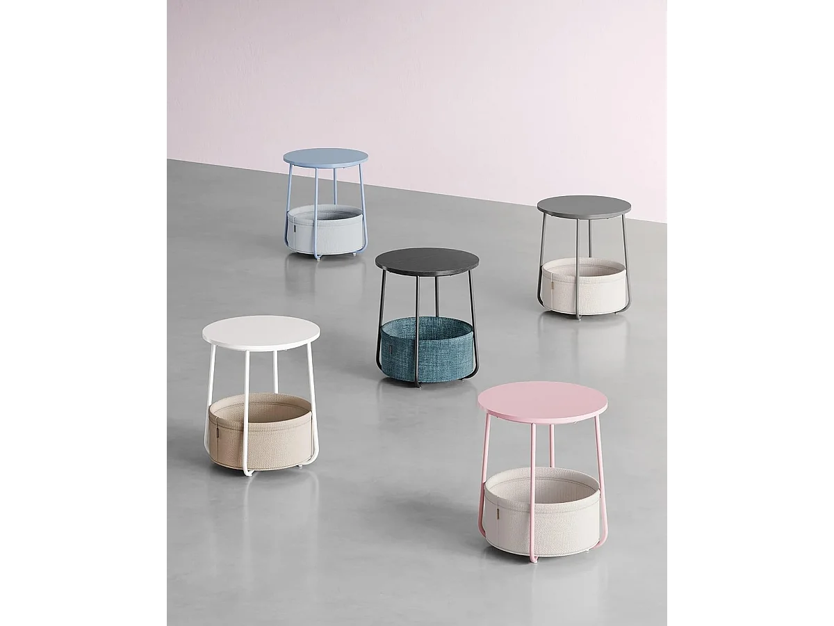 Parya Home Kleine ronde salontafel, bijzettafel met stoffen mand, crème wit