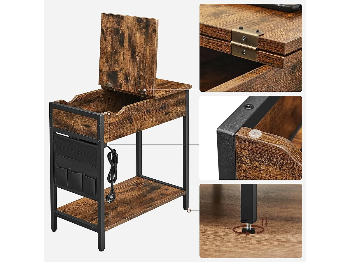 Parya Home Table d'appoint, table de chevet, avec prises, plateau rabattable, vintage brun-noir