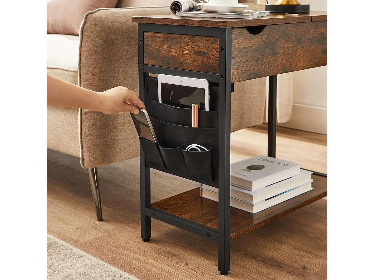 Parya Home Table d'appoint, table de chevet, avec prises, plateau rabattable, vintage brun-noir