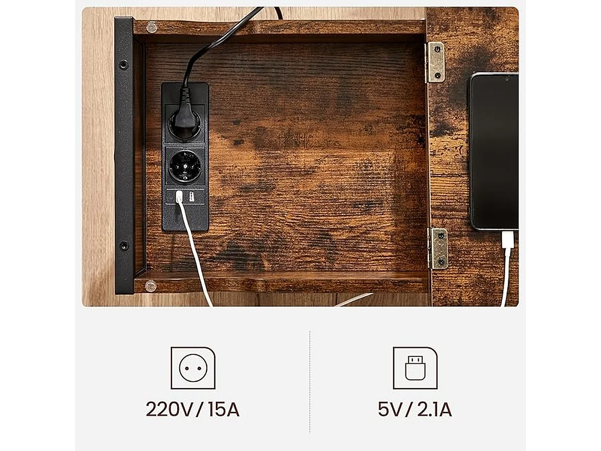 Parya Home Bijzettafel, nachtkastje, met stopcontacten, inklapbaar tafelblad,  vintage bruin-zwart