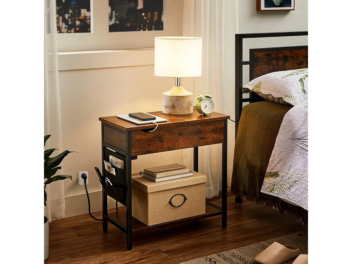 Parya Home Bijzettafel, nachtkastje, met stopcontacten, inklapbaar tafelblad,  vintage bruin-zwart