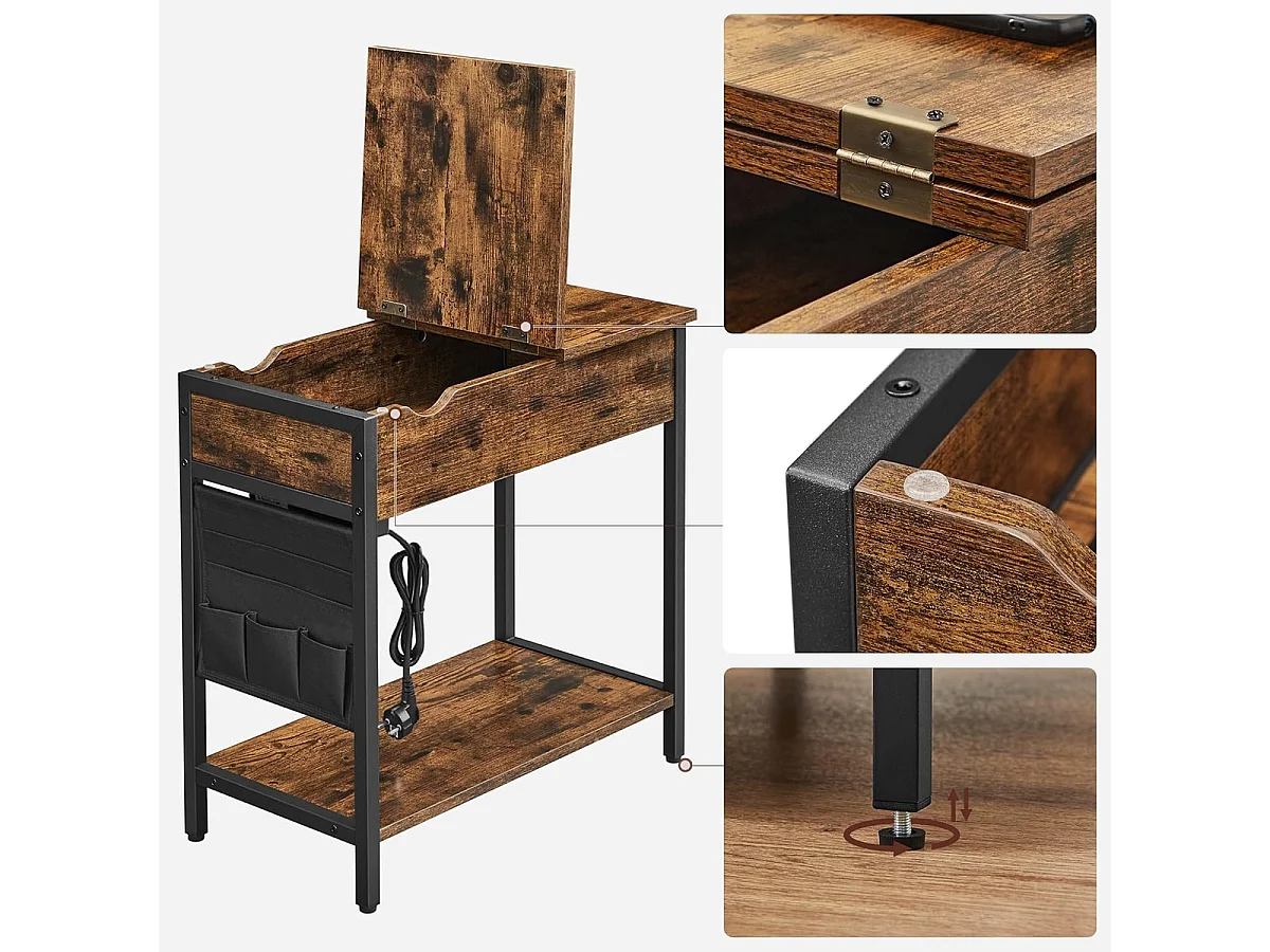 Parya Home Bijzettafel, nachtkastje, met stopcontacten, inklapbaar tafelblad,  vintage bruin-zwart