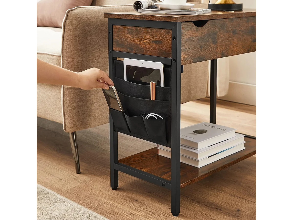 Parya Home Bijzettafel, nachtkastje, met stopcontacten, inklapbaar tafelblad,  vintage bruin-zwart