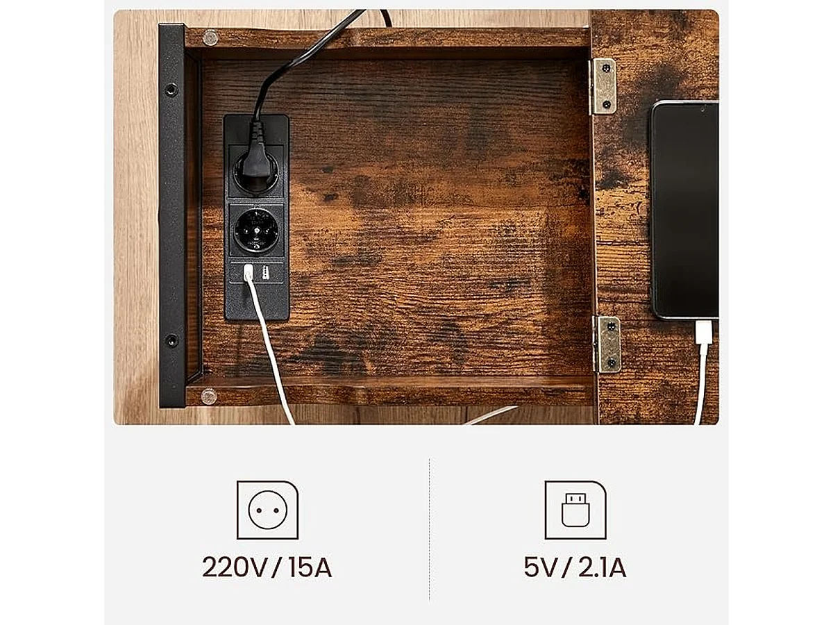 Parya Home Bijzettafel, nachtkastje, met stopcontacten, inklapbaar tafelblad,  vintage bruin-zwart