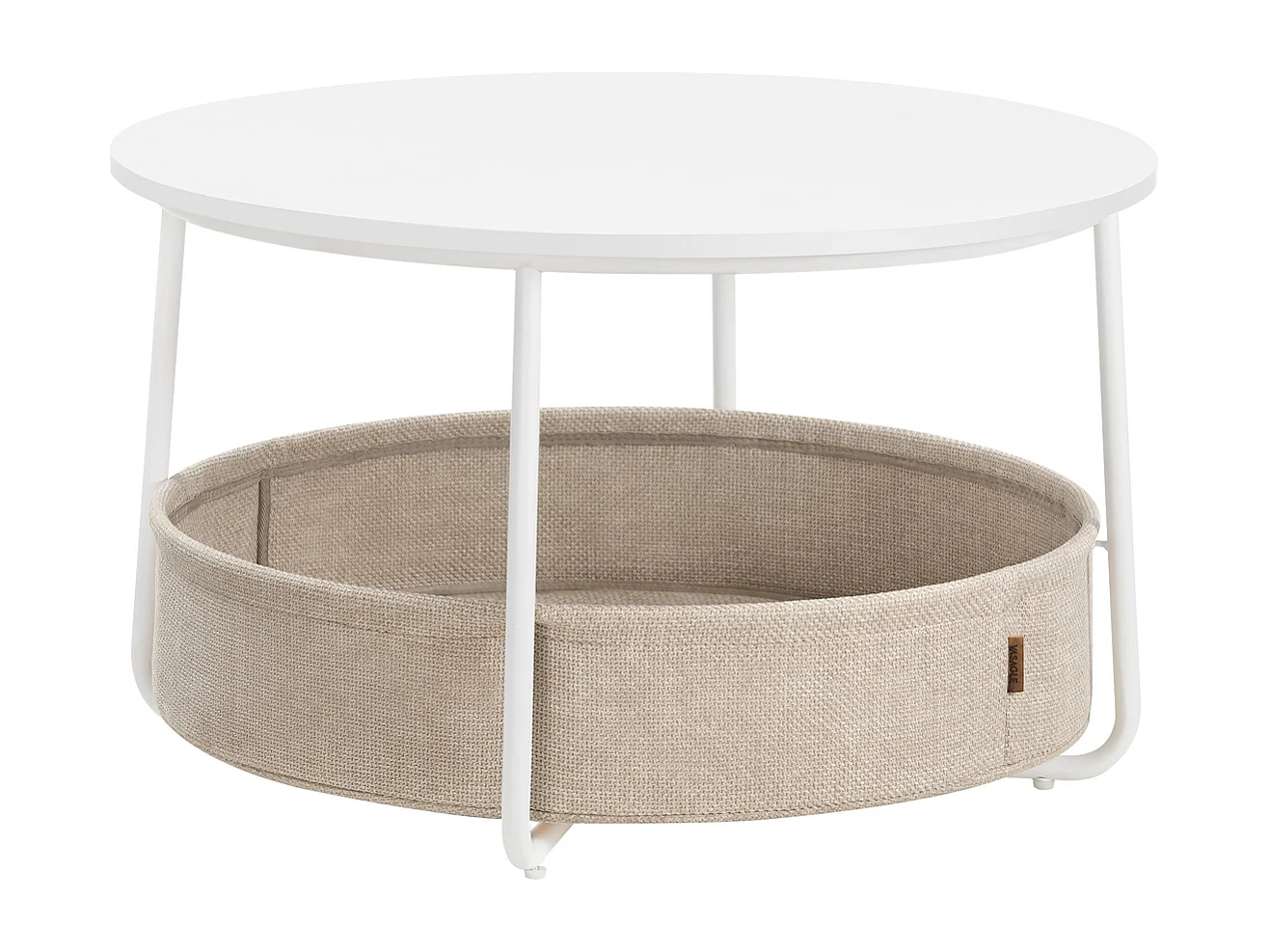 Parya Home table basse ronde, table d'appoint, table de salon avec panier en tissu, blanc mat camel brown