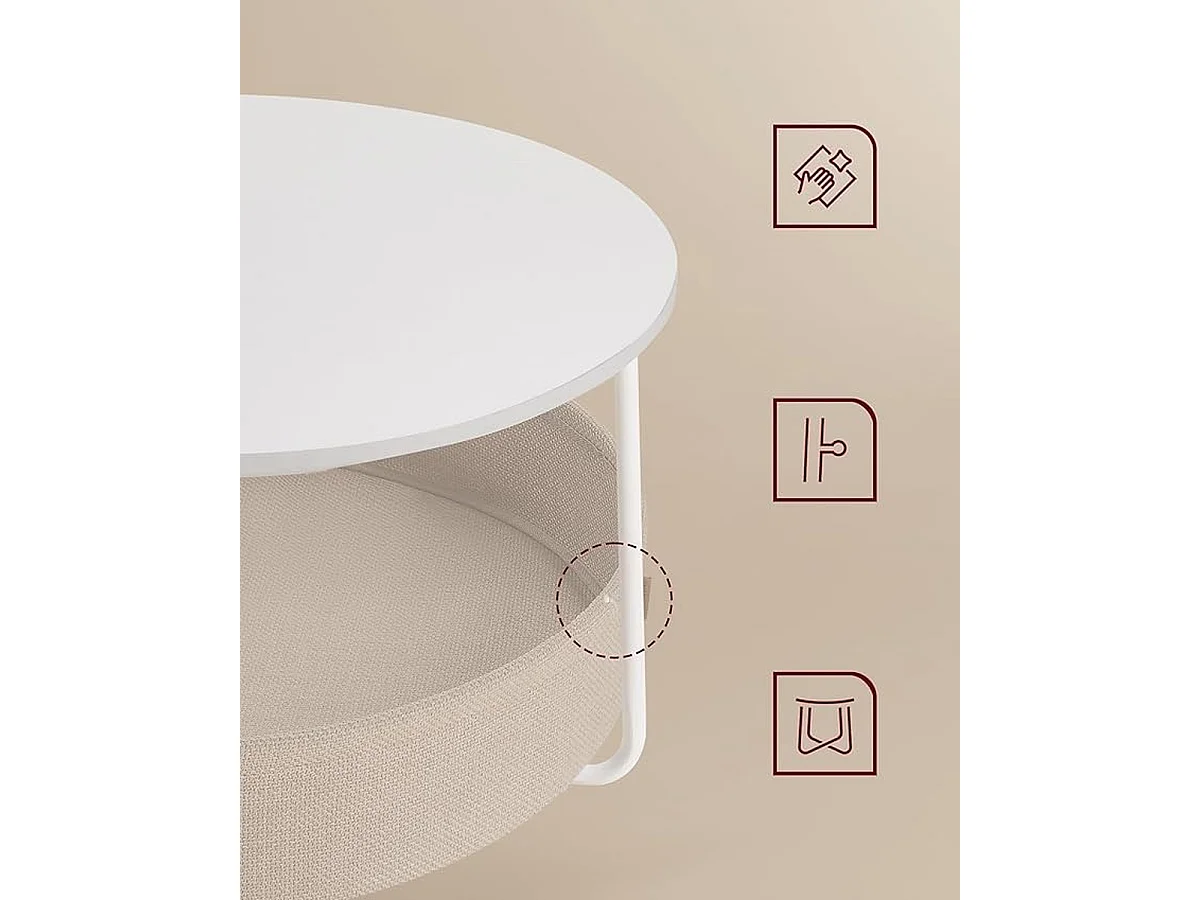 Parya Home table basse ronde, table d'appoint, table de salon avec panier en tissu, blanc mat camel brown
