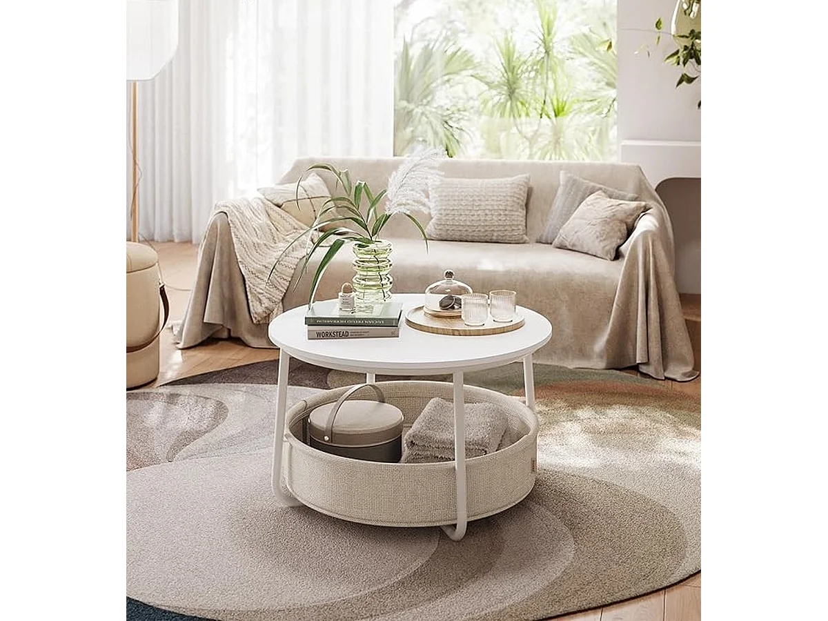 Parya Home ronde salontafel, bijzettafel, woonkamertafel met stoffen mand, mat wit-kameelbruin