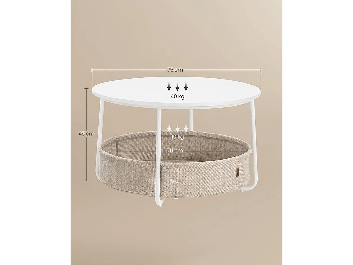 Parya Home ronde salontafel, bijzettafel, woonkamertafel met stoffen mand, mat wit-kameelbruin