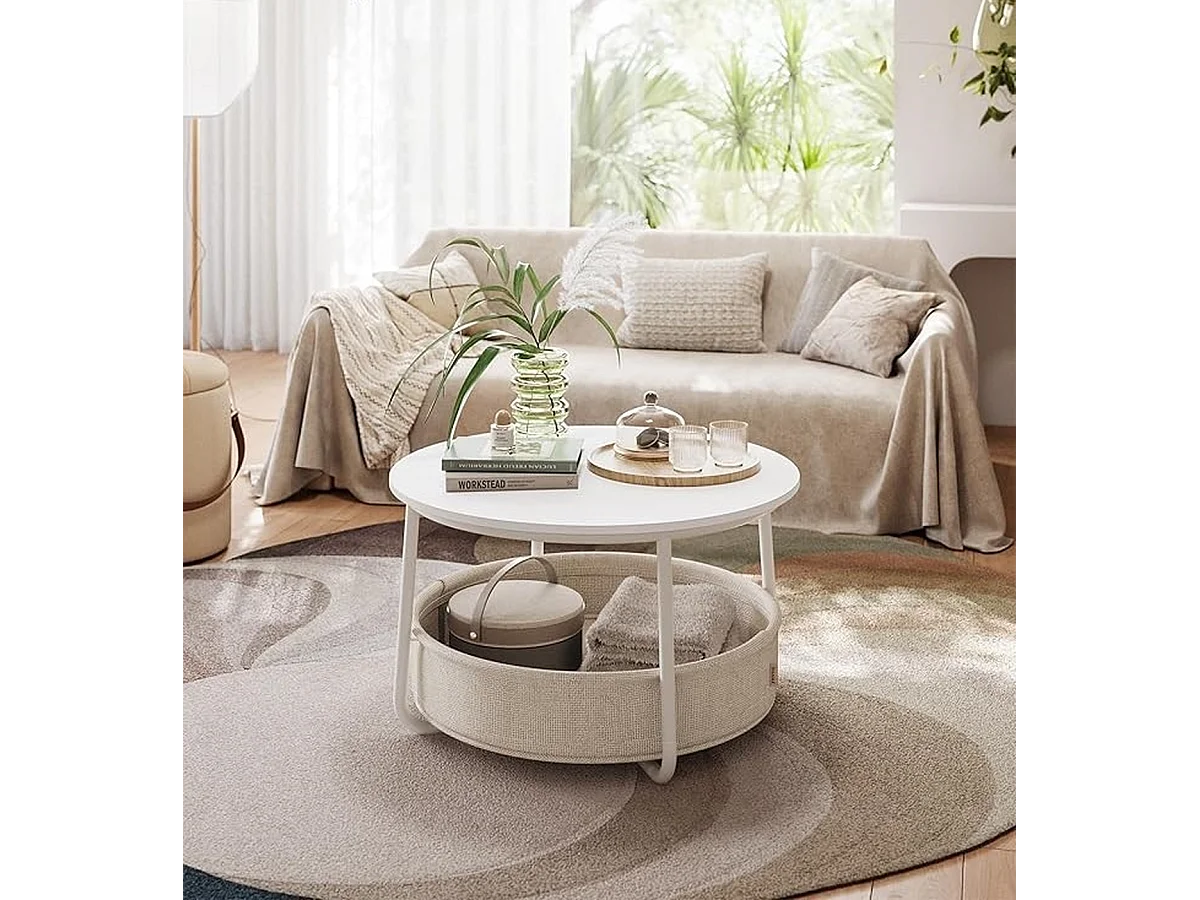 Parya Home ronde salontafel, bijzettafel, woonkamertafel met stoffen mand, mat wit-kameelbruin