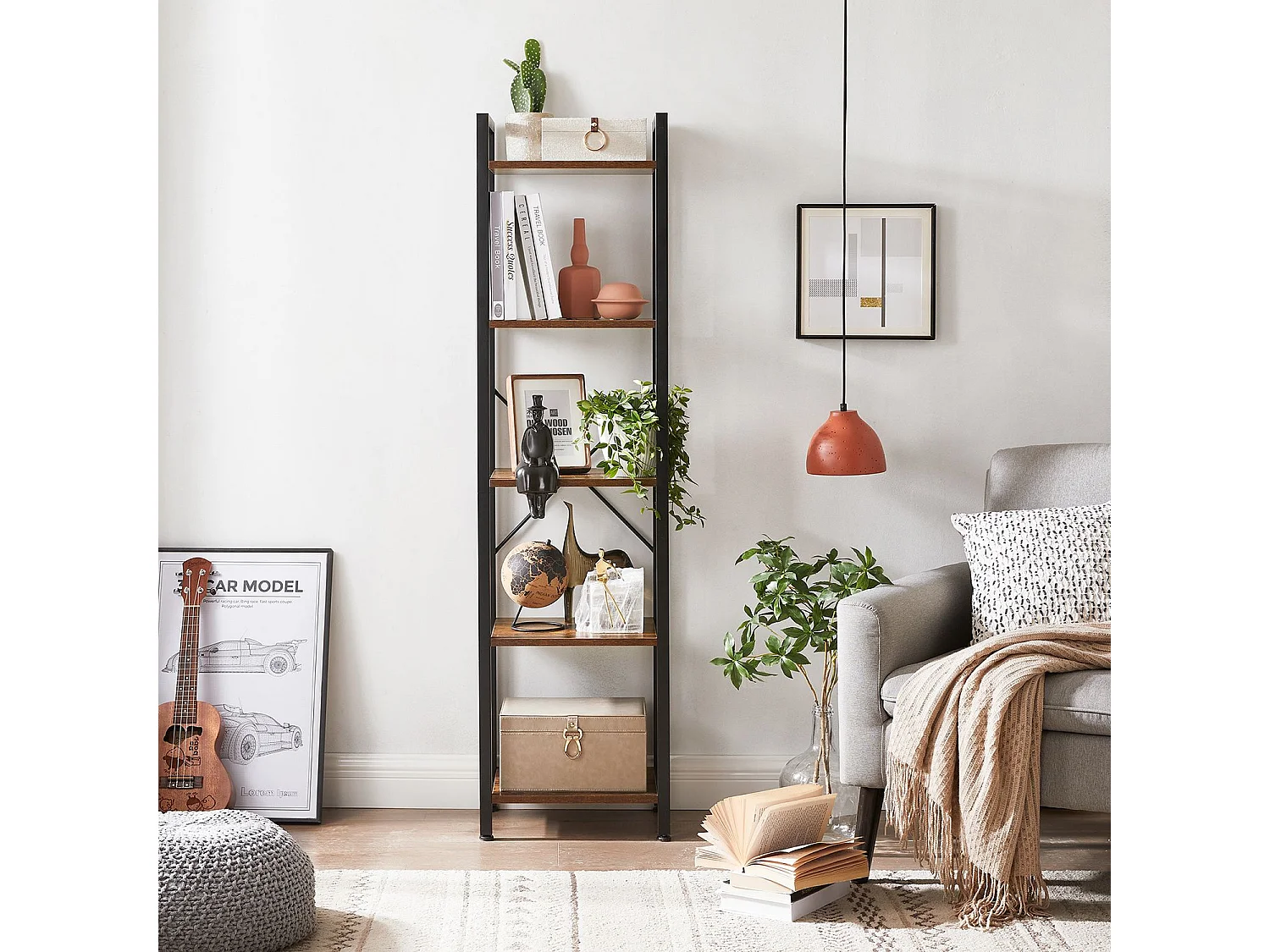 VASAGLE Libreria, scaffale a 5 piani, espositore in piedi con struttura in acciaio, per soggiorno, ufficio, studio, corridoio, stile industriale, marrone rustico e