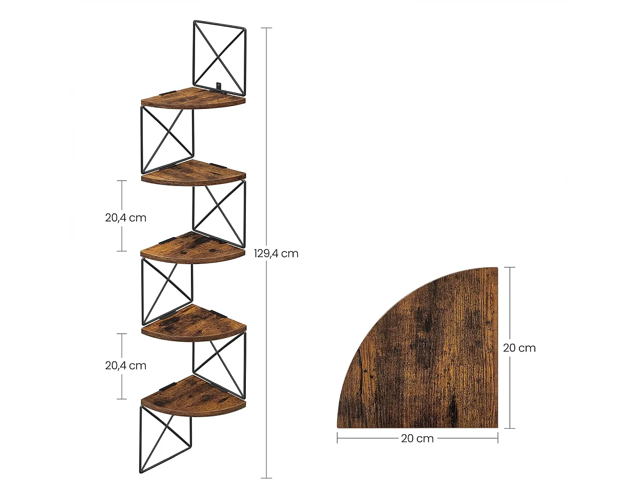 Parya Home Hoekplank, boekenkast met zigzagdesign, 5 lagen, ‎20 x 20 x 127,5 cm, vintage bruinzwart
