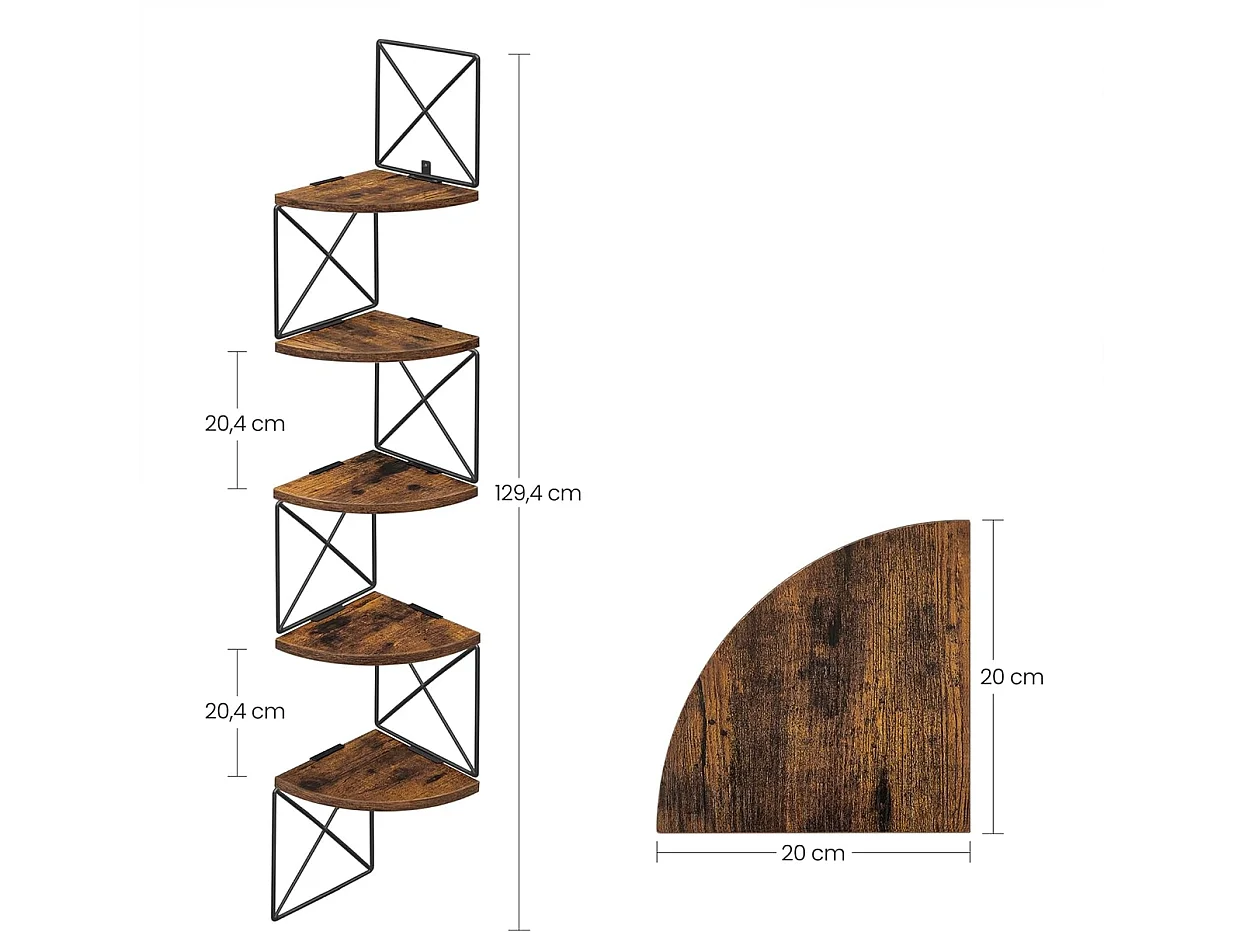 Parya Home Hoekplank, boekenkast met zigzagdesign, 5 lagen, ‎20 x 20 x 127,5 cm, vintage bruinzwart