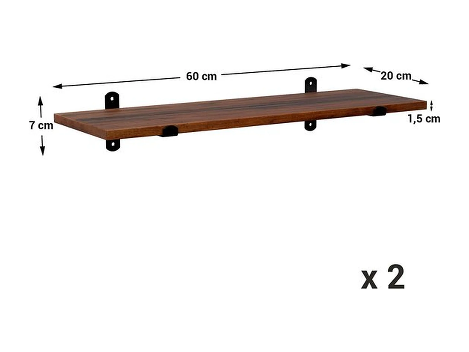 Wandplank, set van 2, 60 x 20 x 7 cm, zwevende plank, bruin-zwart