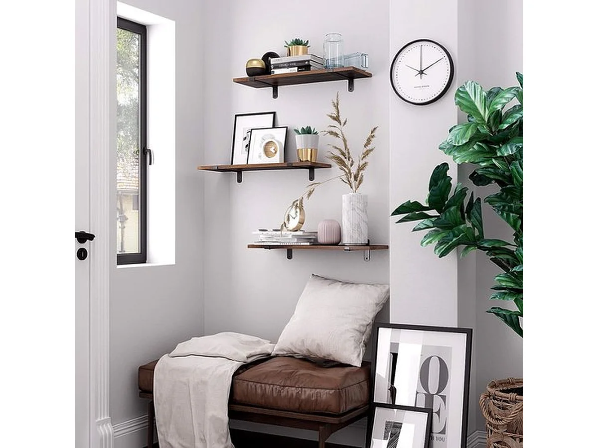 Wandplank, set van 2, 60 x 20 x 7 cm, zwevende plank, bruin-zwart