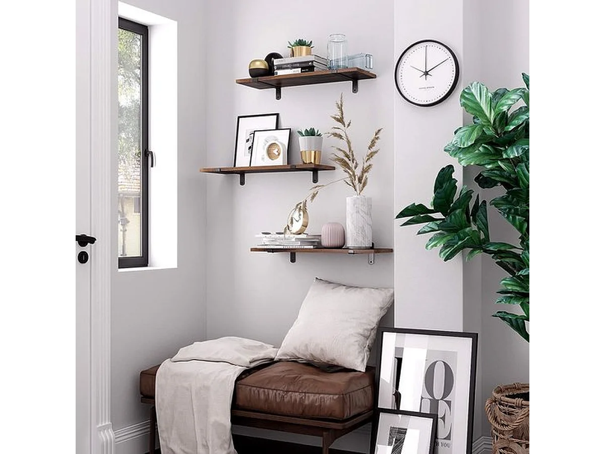 Wandplank, set van 2, 60 x 20 x 7 cm, zwevende plank, bruin-zwart