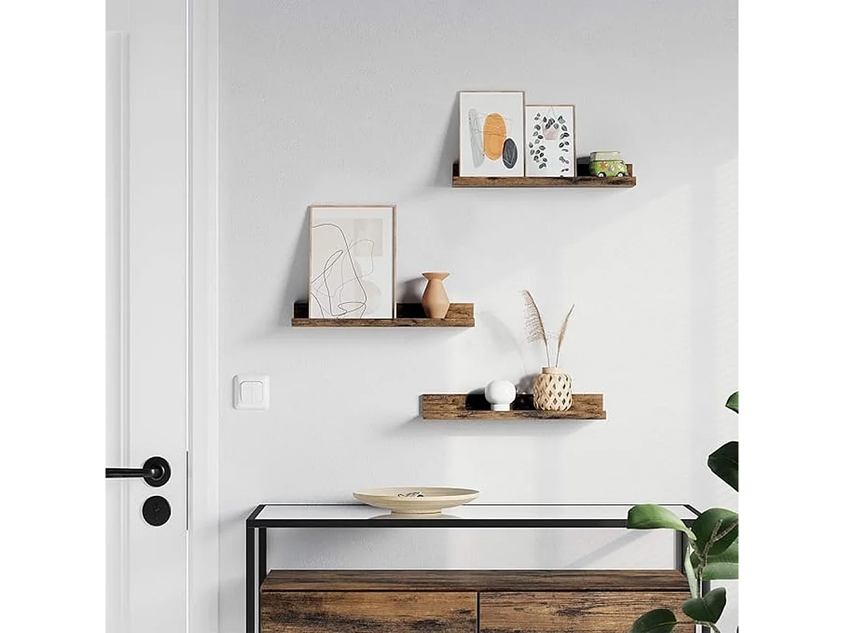 Parya Home wandplanken, set van 3, zwevende planken, lengte 38 cm, verhoogde voorkant vintage bruin