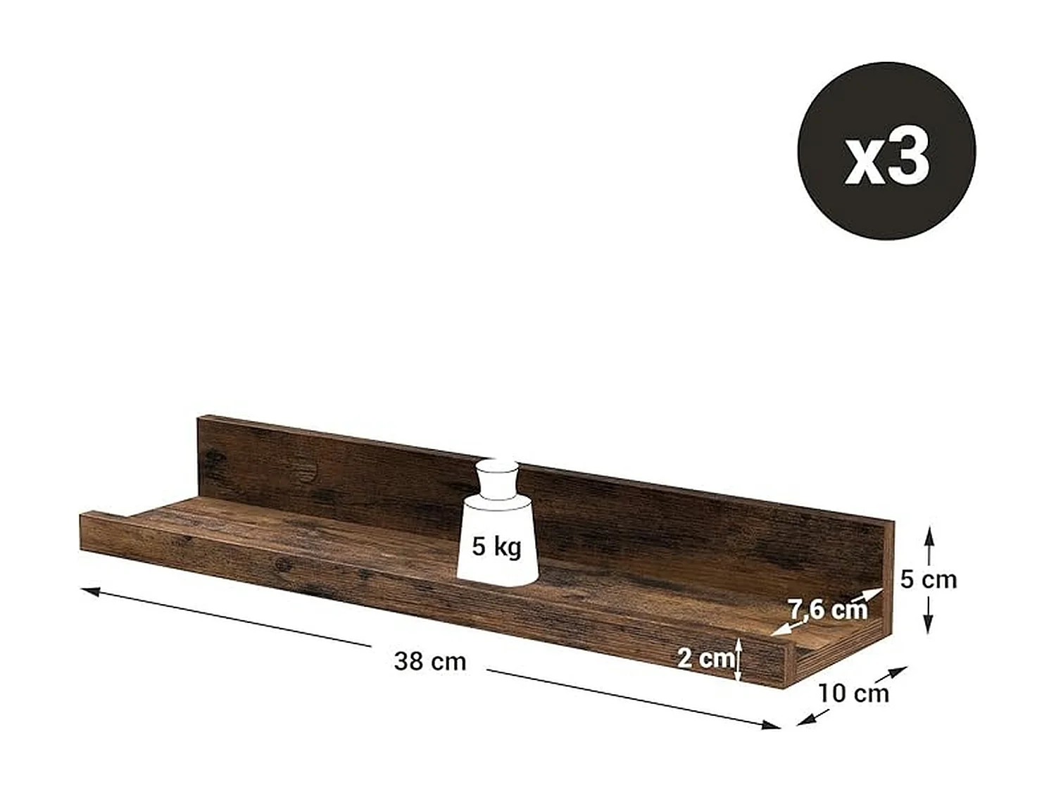 Parya Home wandplanken, set van 3, zwevende planken, lengte 38 cm, verhoogde voorkant vintage bruin